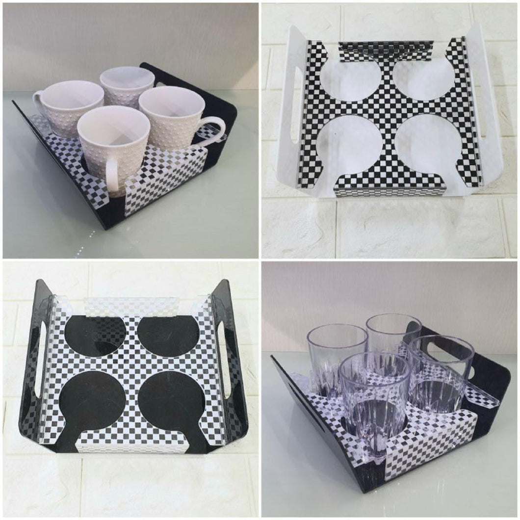 Serving Tray Acrylic Drink Glass Coffee Cup Tea Mug Plate Holder With 4 Holes.