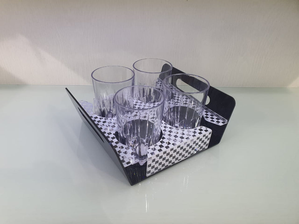 Serving Tray Acrylic Drink Glass Coffee Cup Tea Mug Plate Holder With 4 Holes.