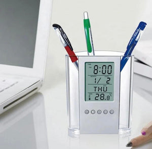 LCD Digital Alarm Clock Desk Pencil Pen Holder