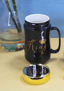 King Queen Coffee Mugs with Golden Crown lid