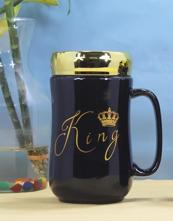 King Queen Coffee Mugs with Golden Crown lid