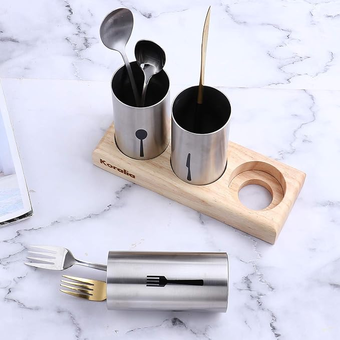 Cutlery Holder Stainless Steel Cutlery Basket with Wooden Base