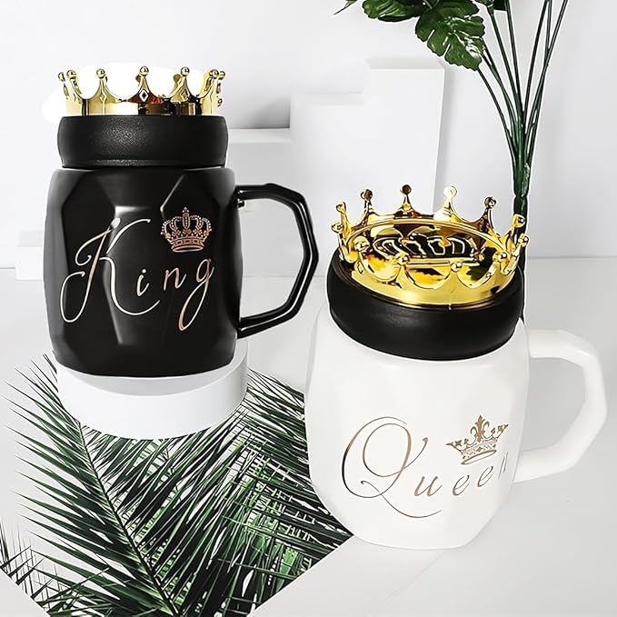 King Flower King and Queen Mug Couple Set with Crown Lid (Pair)