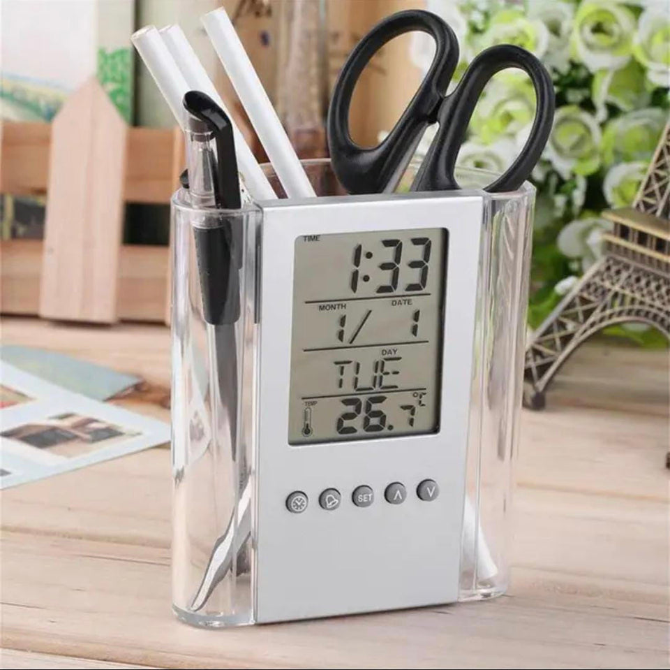 LCD Digital Alarm Clock Desk Pencil Pen Holder