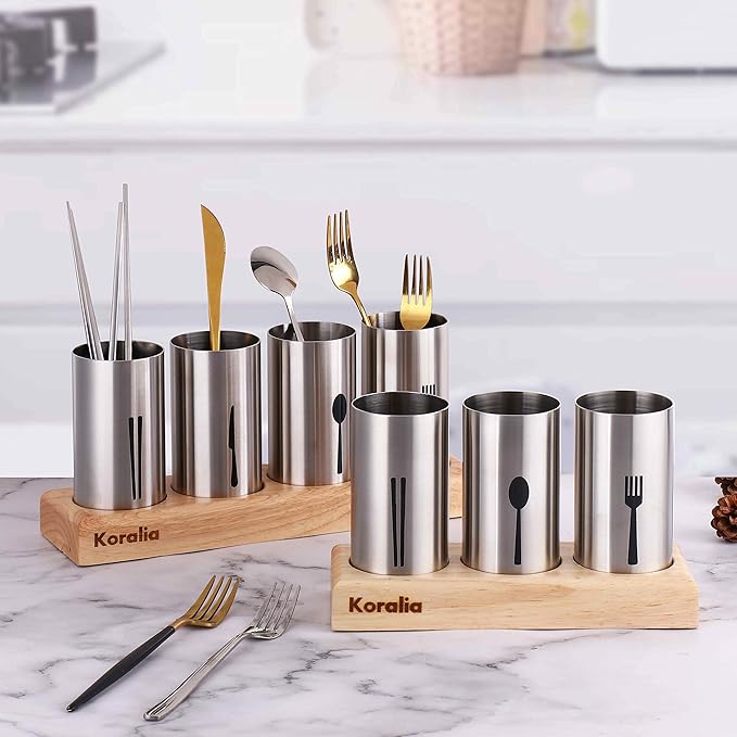 Cutlery Holder Stainless Steel Cutlery Basket with Wooden Base