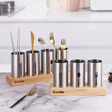 Cutlery Holder Stainless Steel Cutlery Basket with Wooden Base