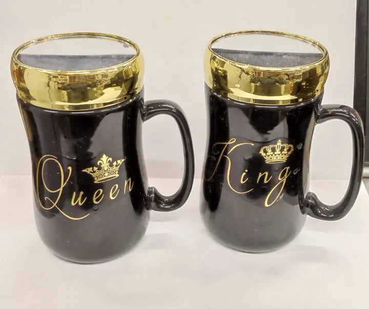 King Queen Coffee Mugs with Golden Crown lid