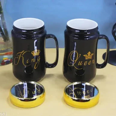 King Queen Coffee Mugs with Golden Crown lid