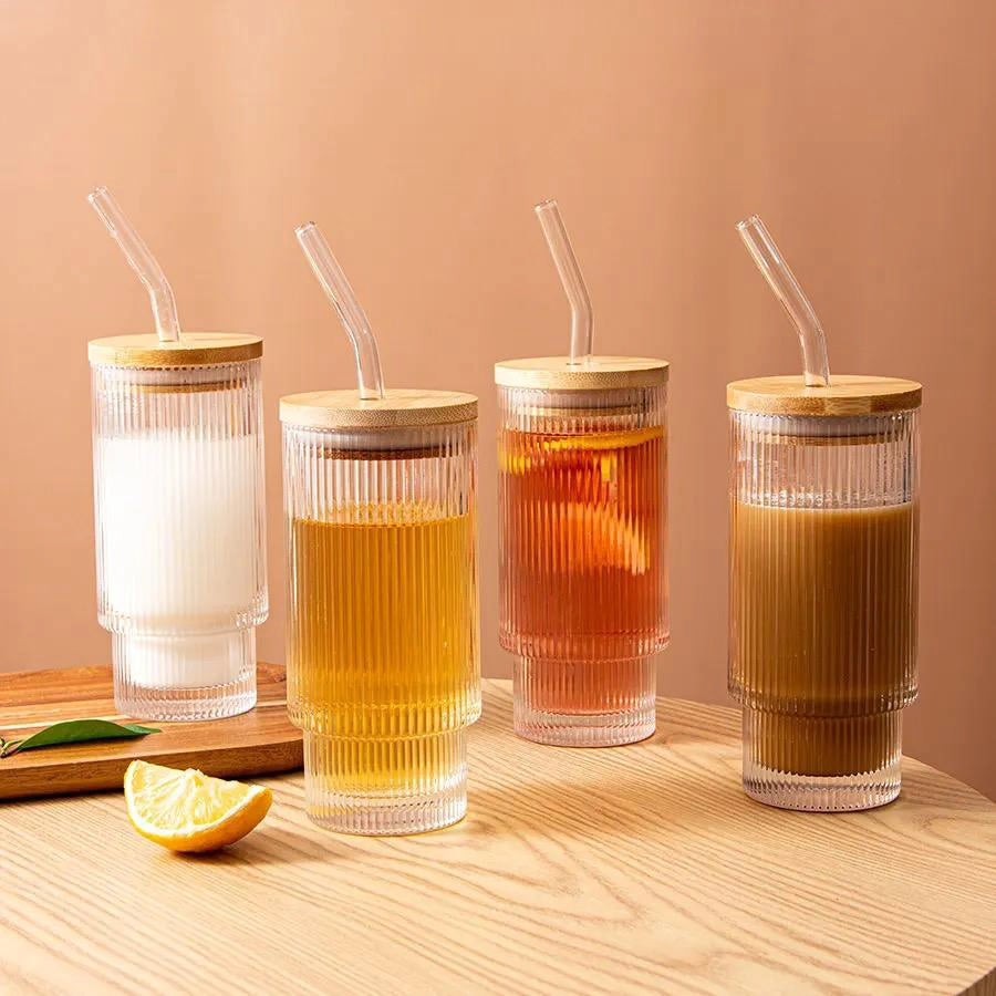 Ribbed Glass with Bamboo Lid and Glass Straw