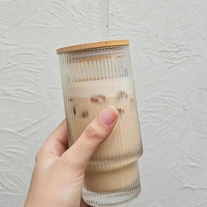 Ribbed Glass with Bamboo Lid and Glass Straw