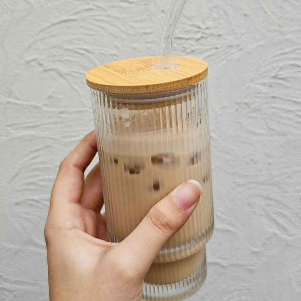 Ribbed Glass with Bamboo Lid and Glass Straw