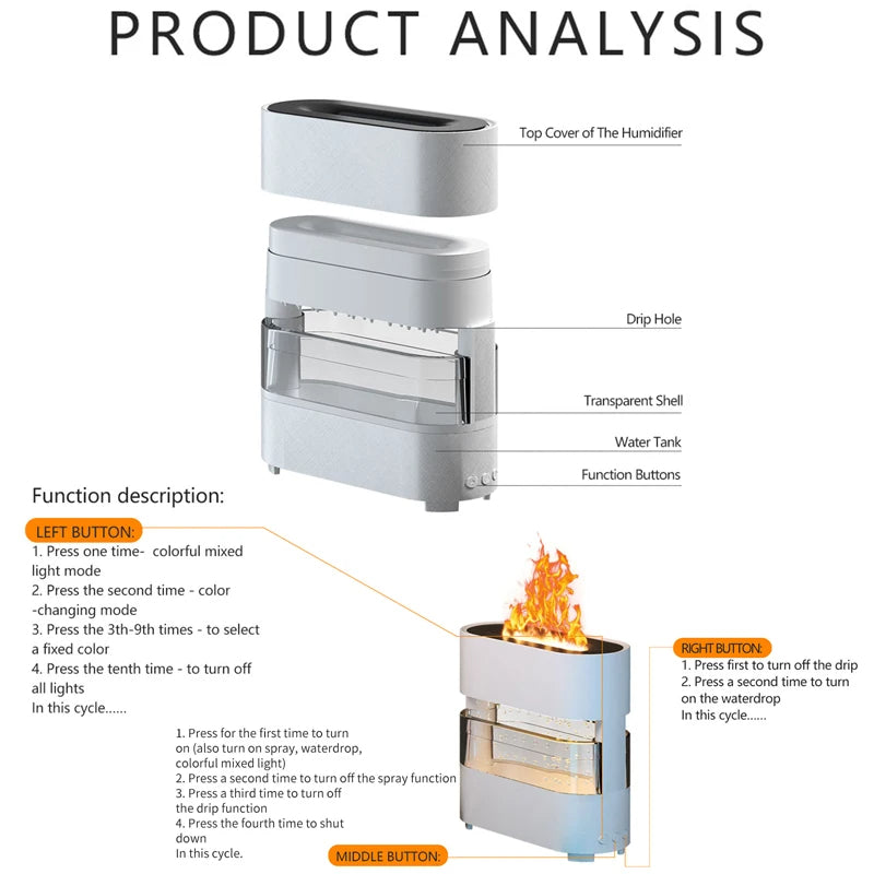 Rain Drop Colorful Flame Humidifier With Remote